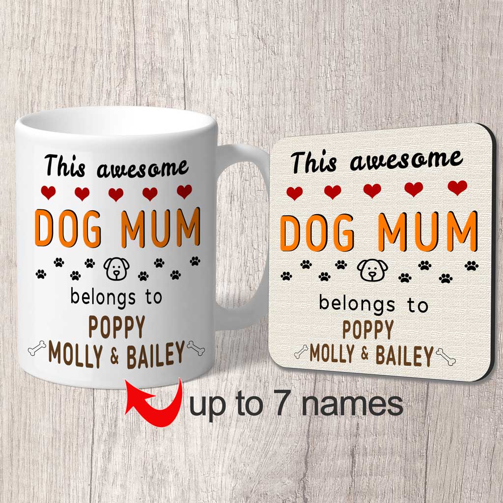 Dog Mum Mug Personalised 3 dog names with matching coaster