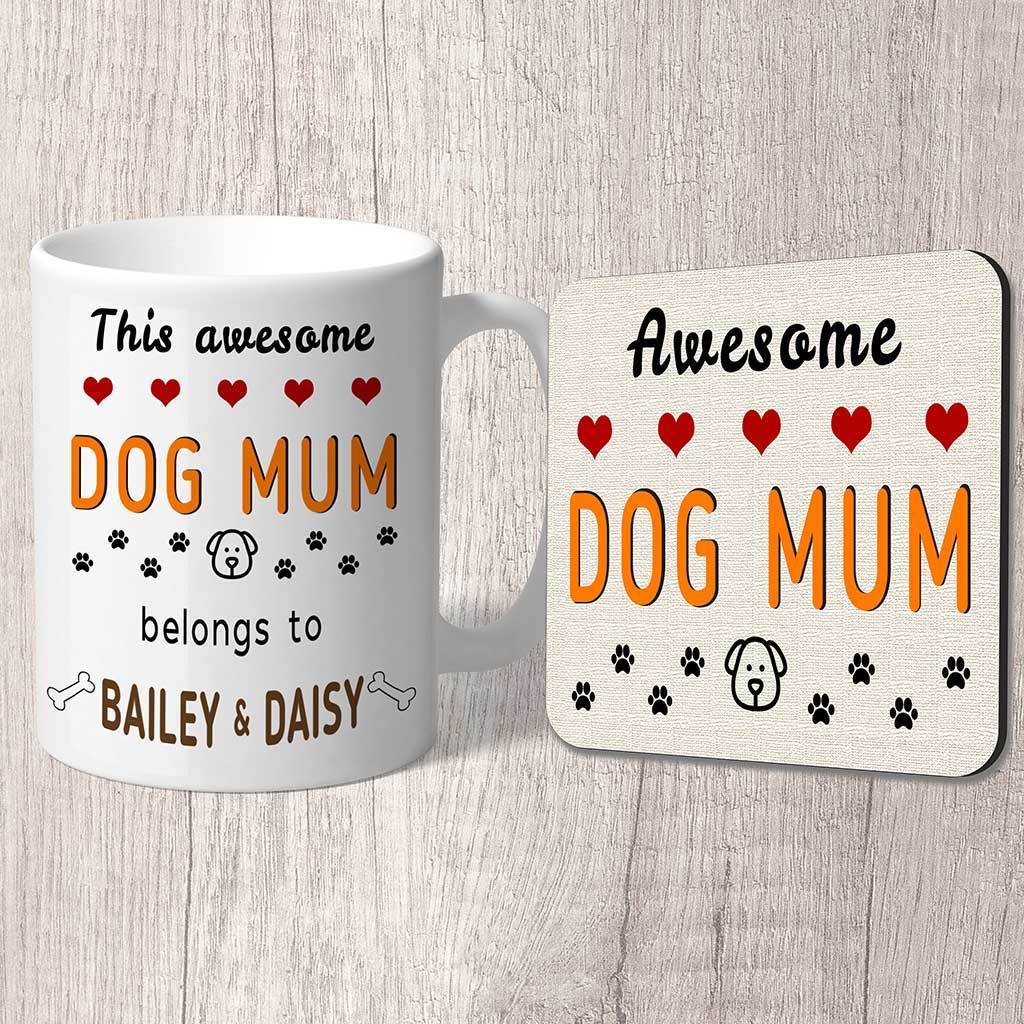 Dog Mum Mug Personalised 2 dog names with coaster