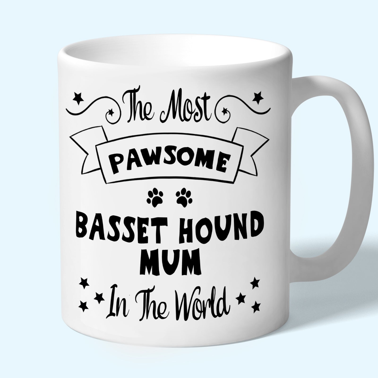 The Most Pawsome Basset Hound mum mug in black design
