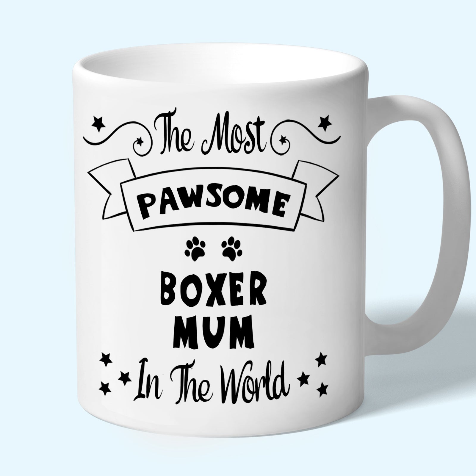 The Most Pawsome Boxer mum mug in black design