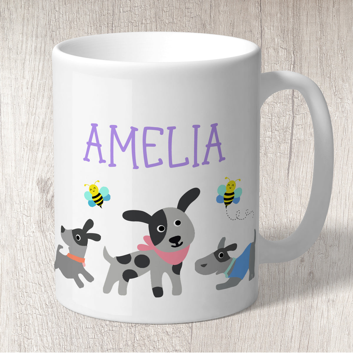 Dogs (Grey) and Bees Personalised with Purple Name Mug
