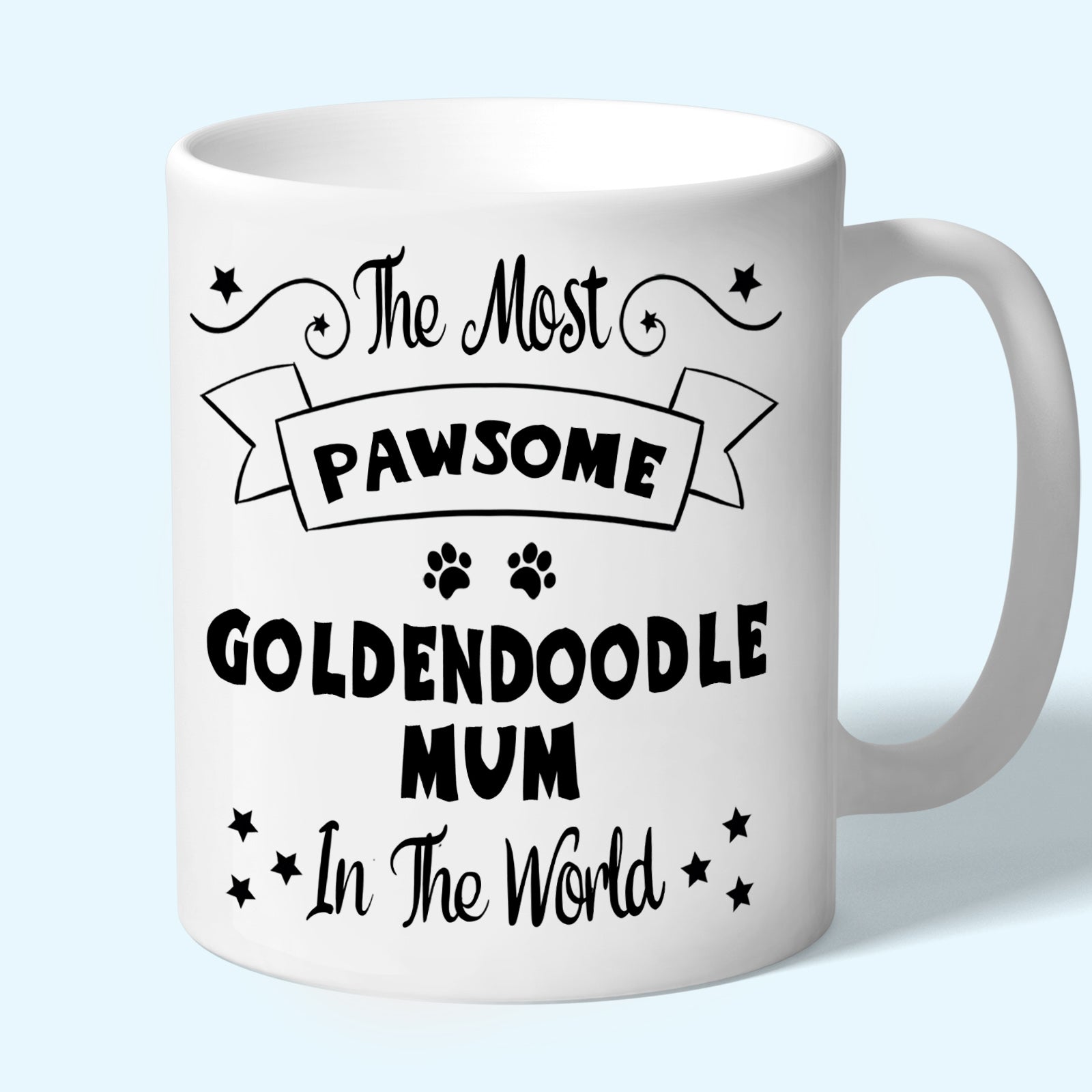 The Most Pawsome Goldendoodle mum mug in black design