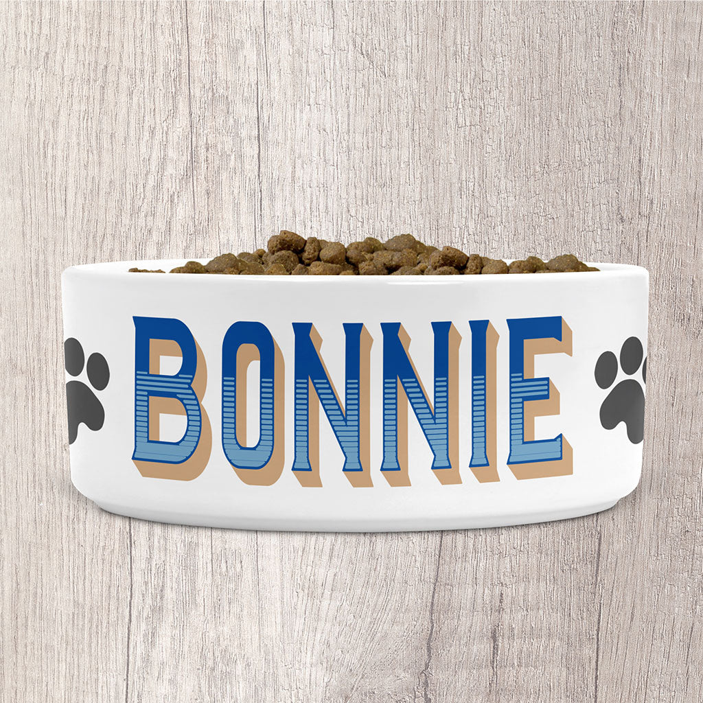 Personalised Dog Bowl Ceramic Large with Dog Name in Blues &amp; Light Brown Colours