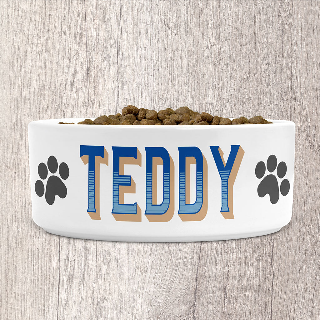 Personalised Dog Bowl Ceramic Large with Dog Name in Blues &amp; Light Brown Colours