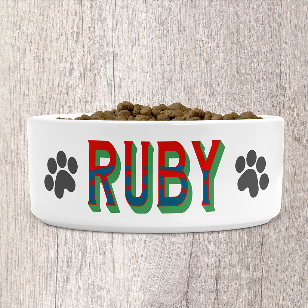 Personalised Dog Bowl Ceramic Large with Dog Name in Bright Red, Green &amp; Blue Colours