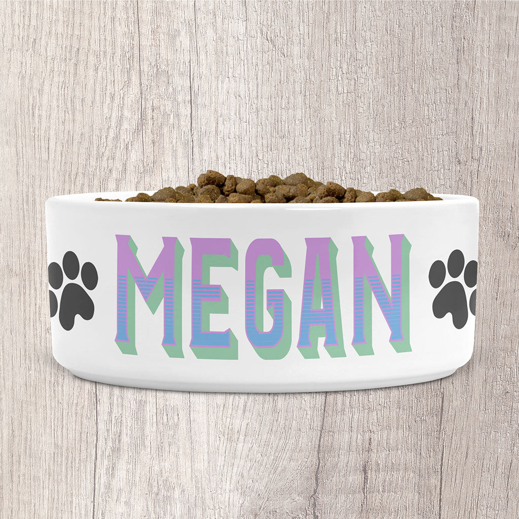 Personalised Dog Bowl Ceramic Large with Dog Name in Pastel Lilacs &amp; Green