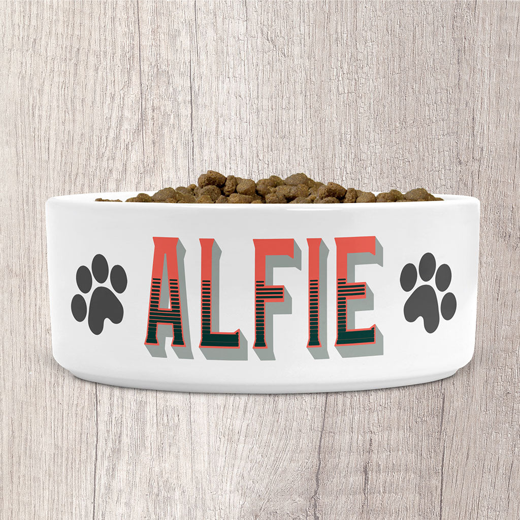 Personalised Dog Bowl Ceramic Large with Dog Name in Peach, Green &amp; Grey