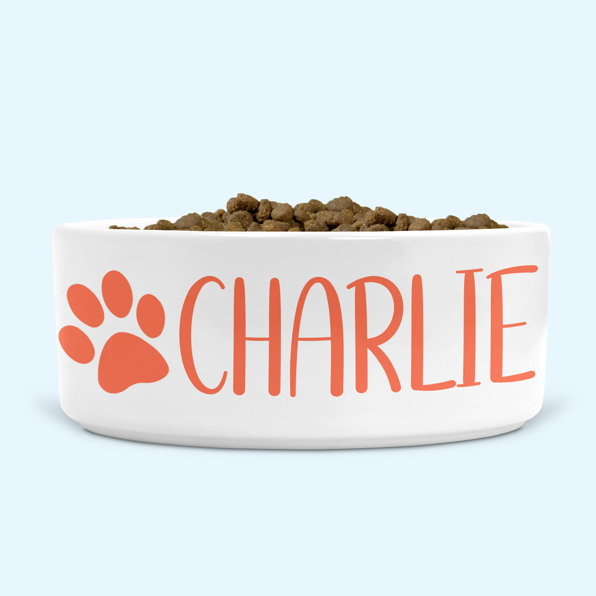 Personalised Ceramic Dog Bowl Medium-Large with Paw (Coral Print)