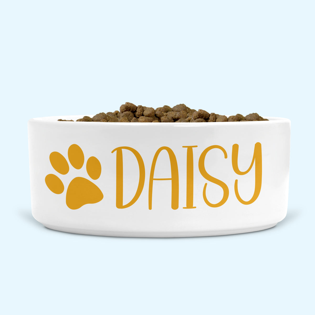 Personalised Ceramic Dog Bowl Medium-Large with Paw (Honeycomb Yellow Print)
