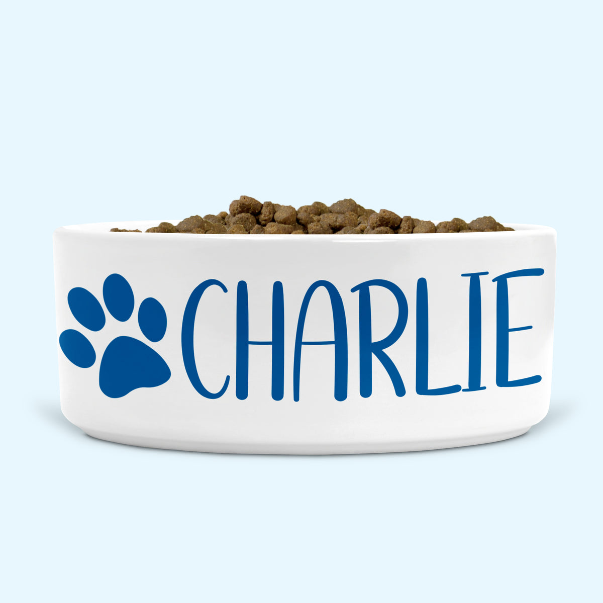 Personalised Ceramic Dog Bowl Medium-Large with Paw (Indigo Blue Print)