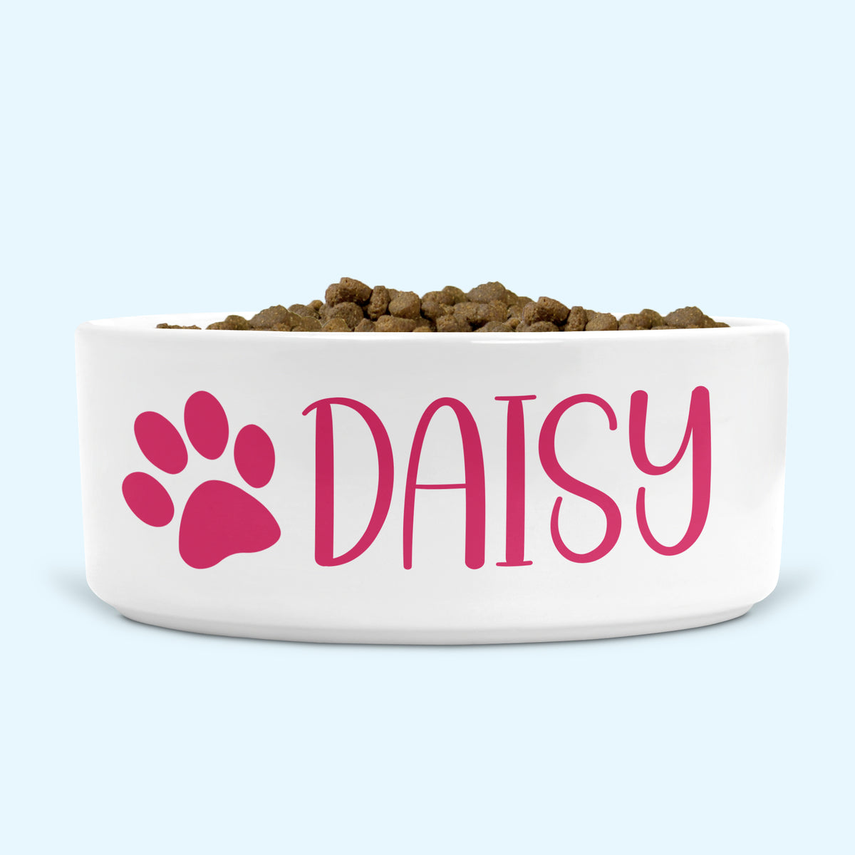 Personalised Ceramic Dog Bowl Medium-Large with Paw (Raspberry Print)