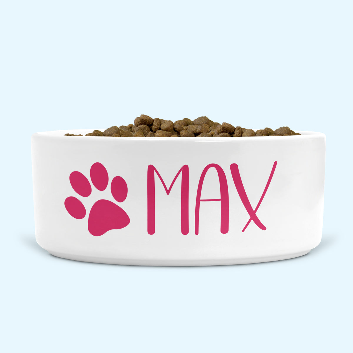 Personalised Ceramic Dog Bowl Medium-Large with Paw (Raspberry Print)