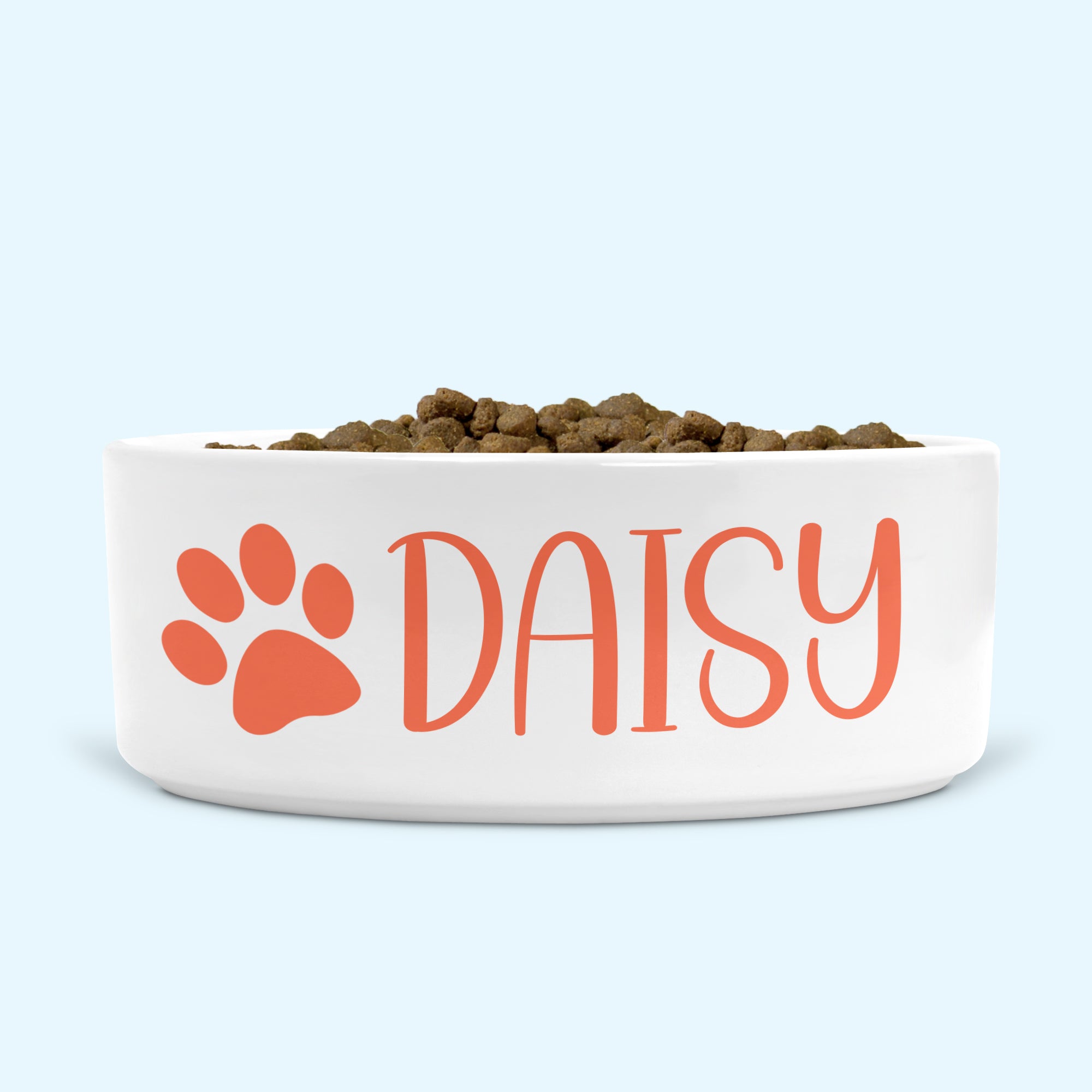 Personalised Ceramic Dog Bowl Small-Medium with Paw Print Coral