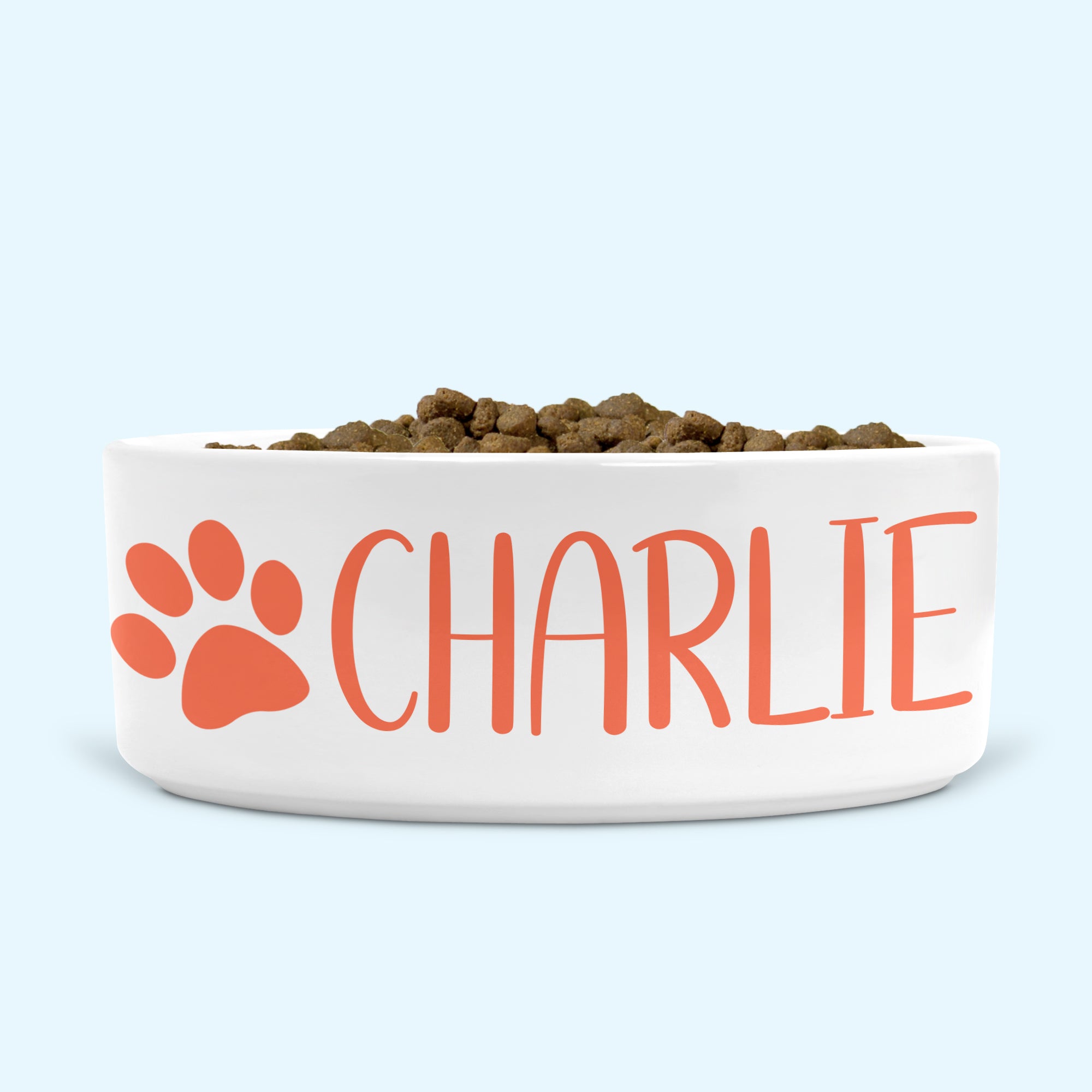 Personalised Ceramic Dog Bowl Small-Medium with Paw Print Coral