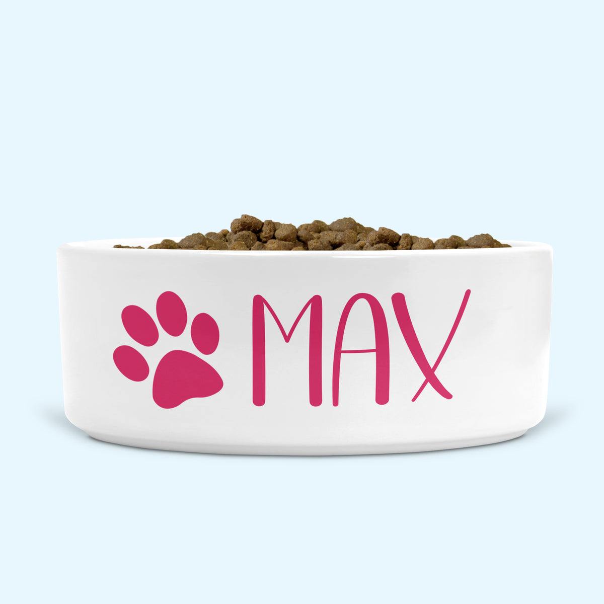 Personalised Ceramic Dog Bowl Small-Medium with Paw Print Raspberry