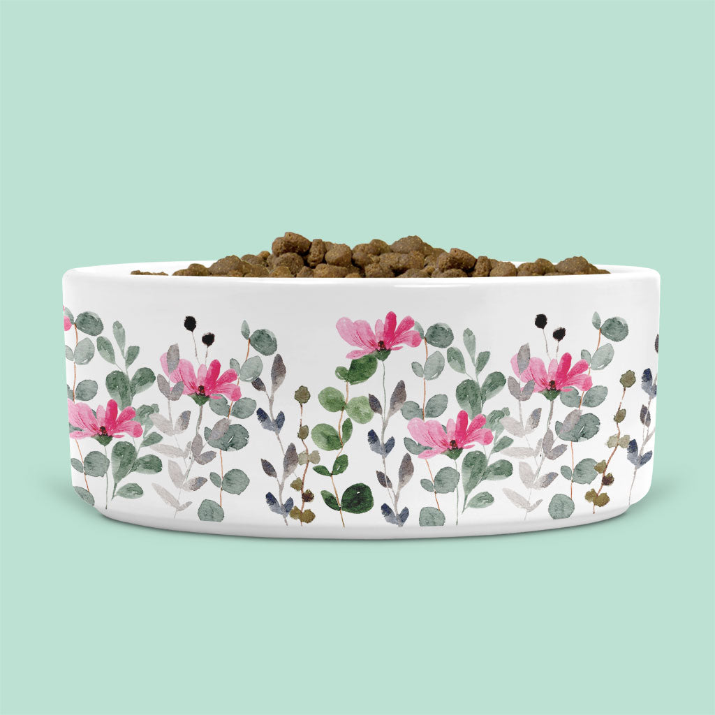 Ceramic Pet Bowl with Pink Flowers and Leaves