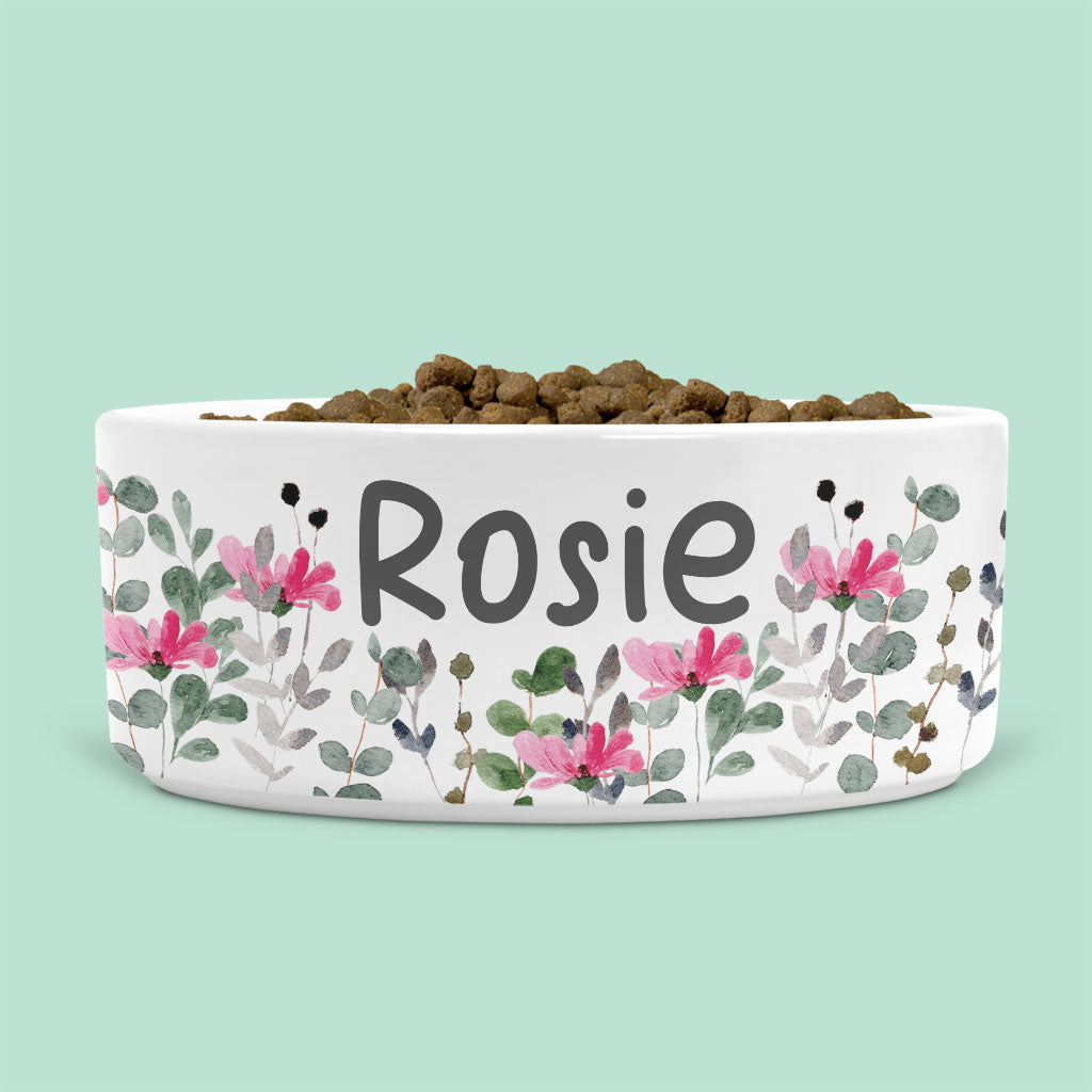 Personalised Ceramic Dog Bowl with Pink Flowers and Leaves