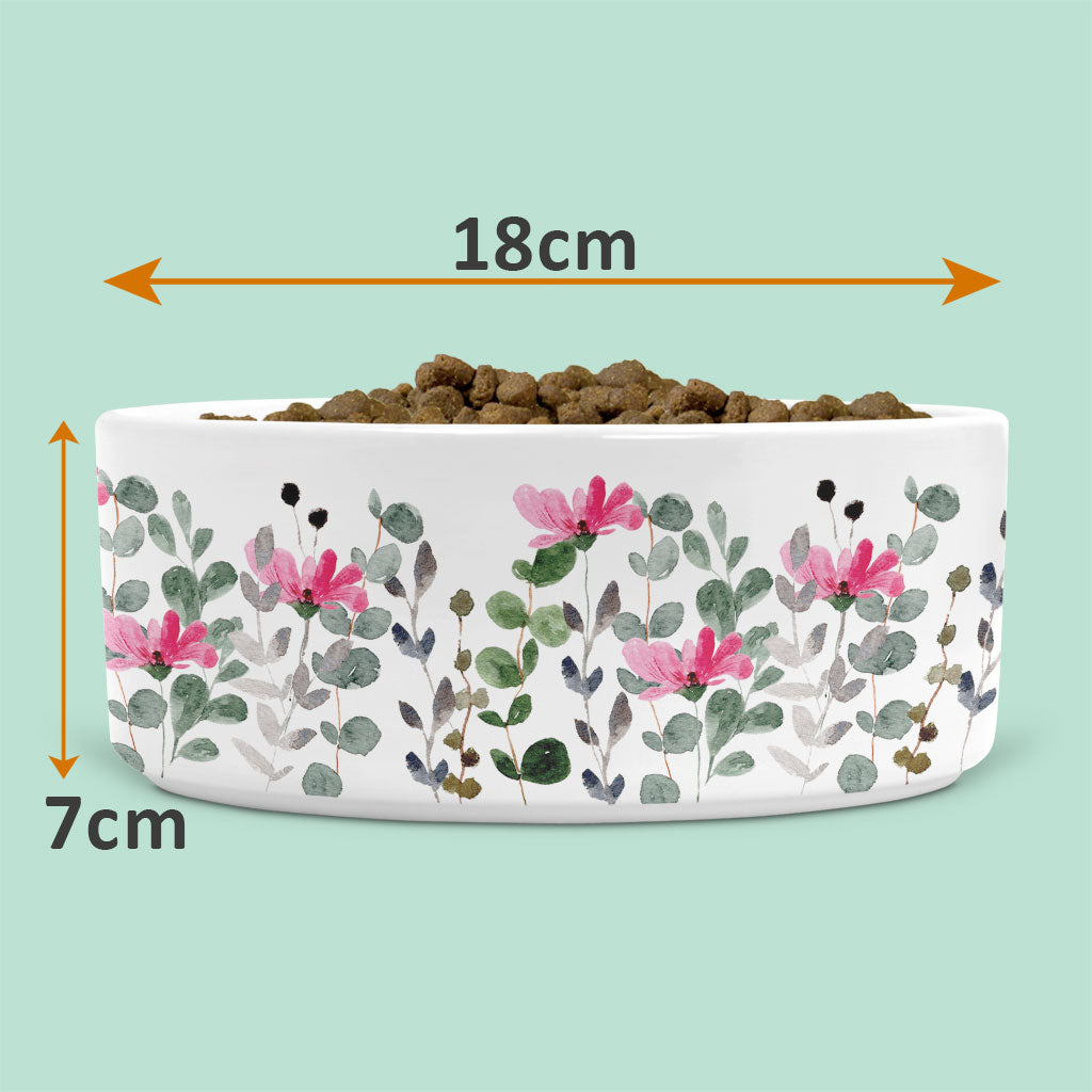 Ceramic Pet Bowl with Pink Flowers and Leaves