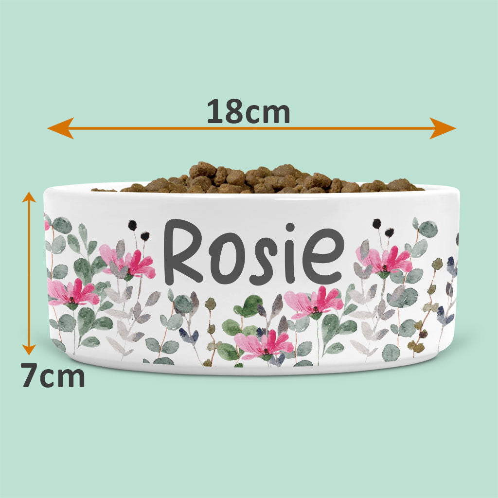 Personalised Ceramic Dog Bowl with Pink Flowers and Leaves