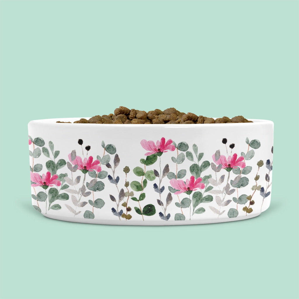 Ceramic Cat Bowl with Pink Flowers and Leaves