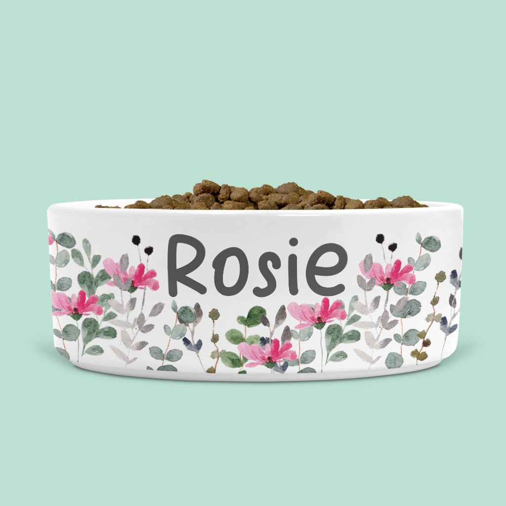 Personalised Ceramic Cat Bowl with Pink Flowers and Leaves