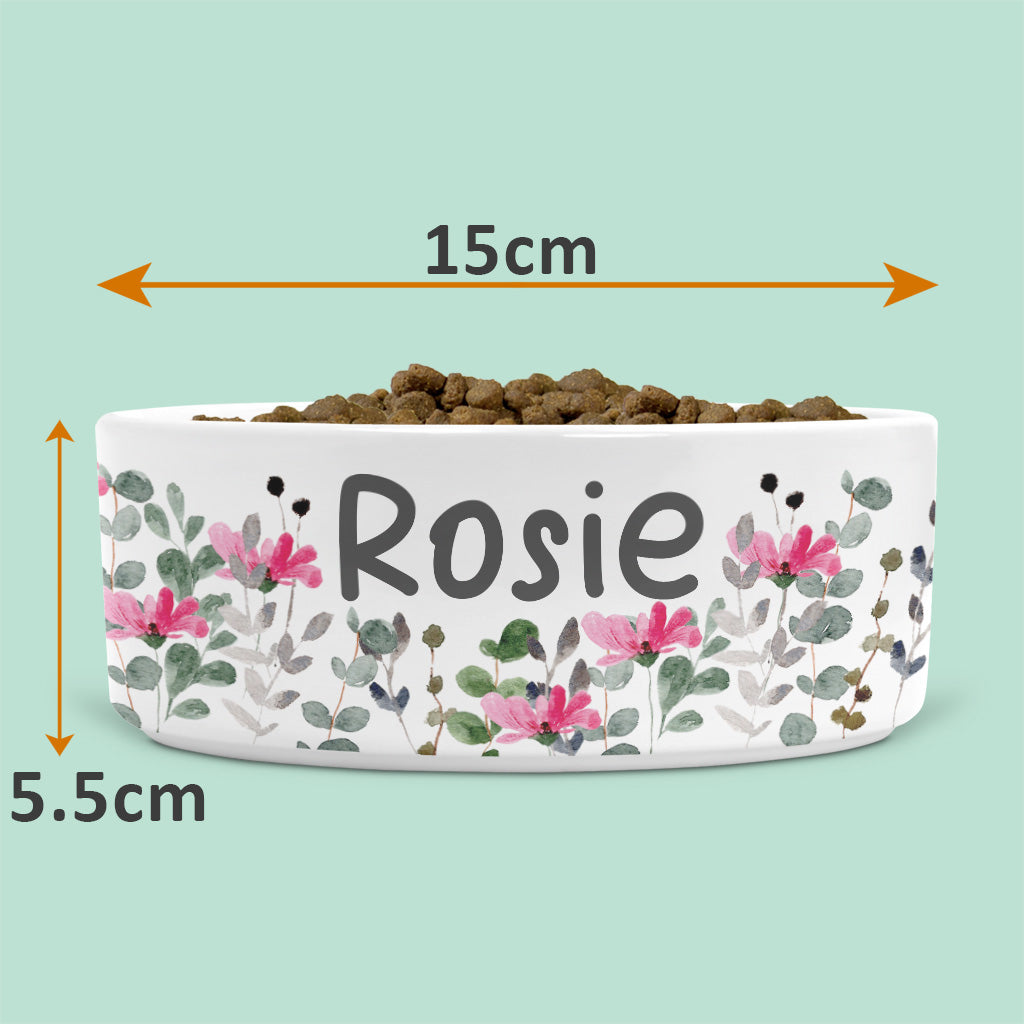 Personalised Ceramic Cat Bowl with Pink Flowers and Leaves