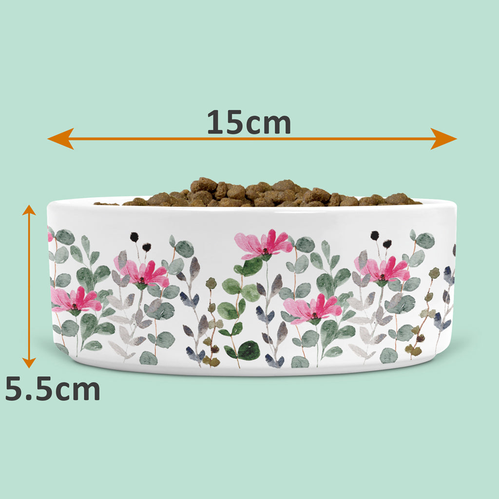 Ceramic Cat Bowl with Pink Flowers and Leaves