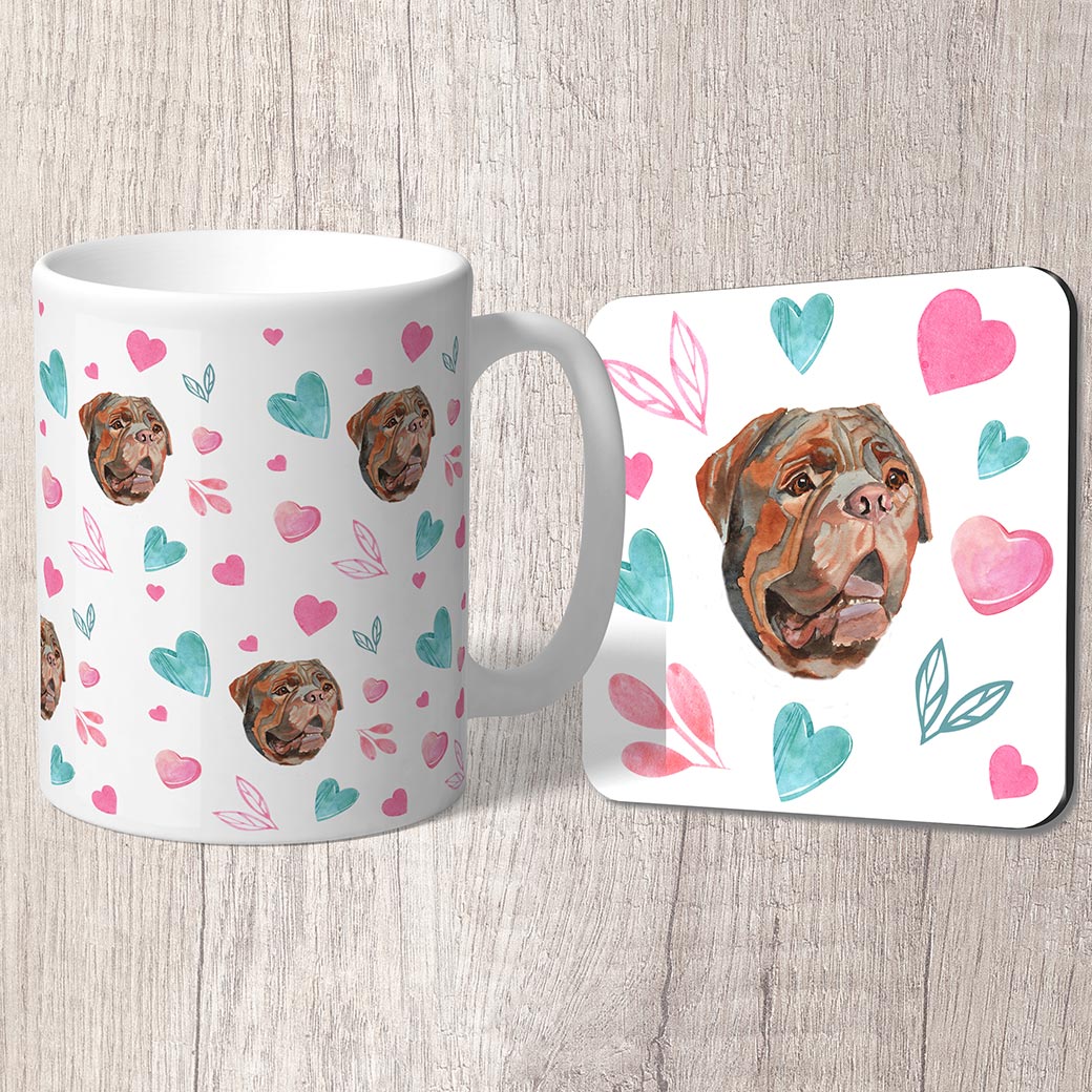 Bullmastiff with Pink and Turquoise Hearts Mug