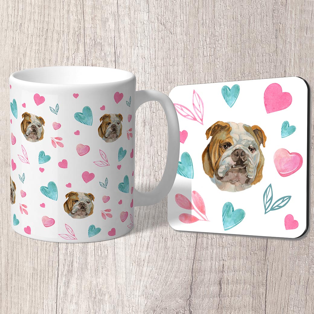 English Bulldog with Pink and Turquoise Hearts Mug