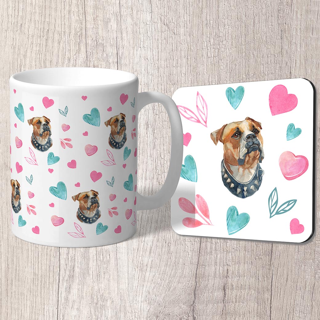 Bulldog with Pink and Turquoise Hearts Mug