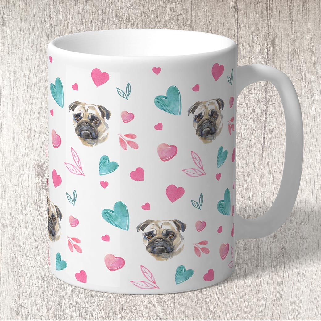 Pug with Pink and Turquoise Hearts Mug