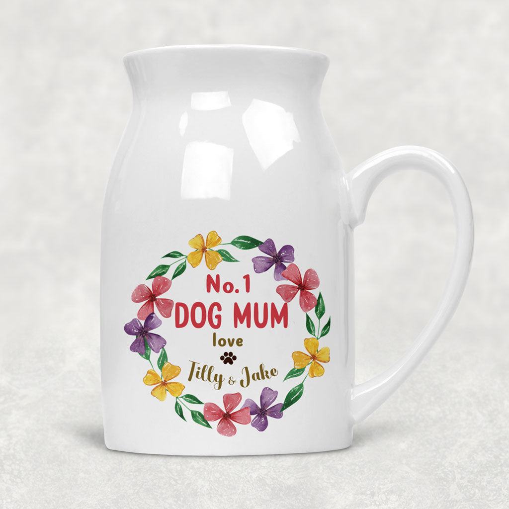 No. 1 Dog Mum Circle of Flowers Personalised with Dog Name/s Rustic Flower Vase/Jug (1072)