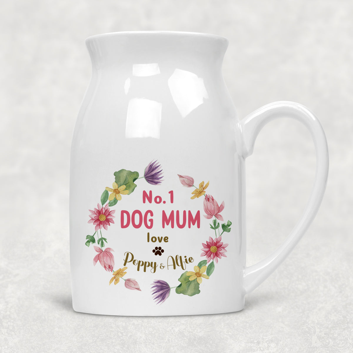 No. 1 Dog Mum Circle of Flowers Personalised with Dog Name/s Rustic Flower Vase/Jug (8428)