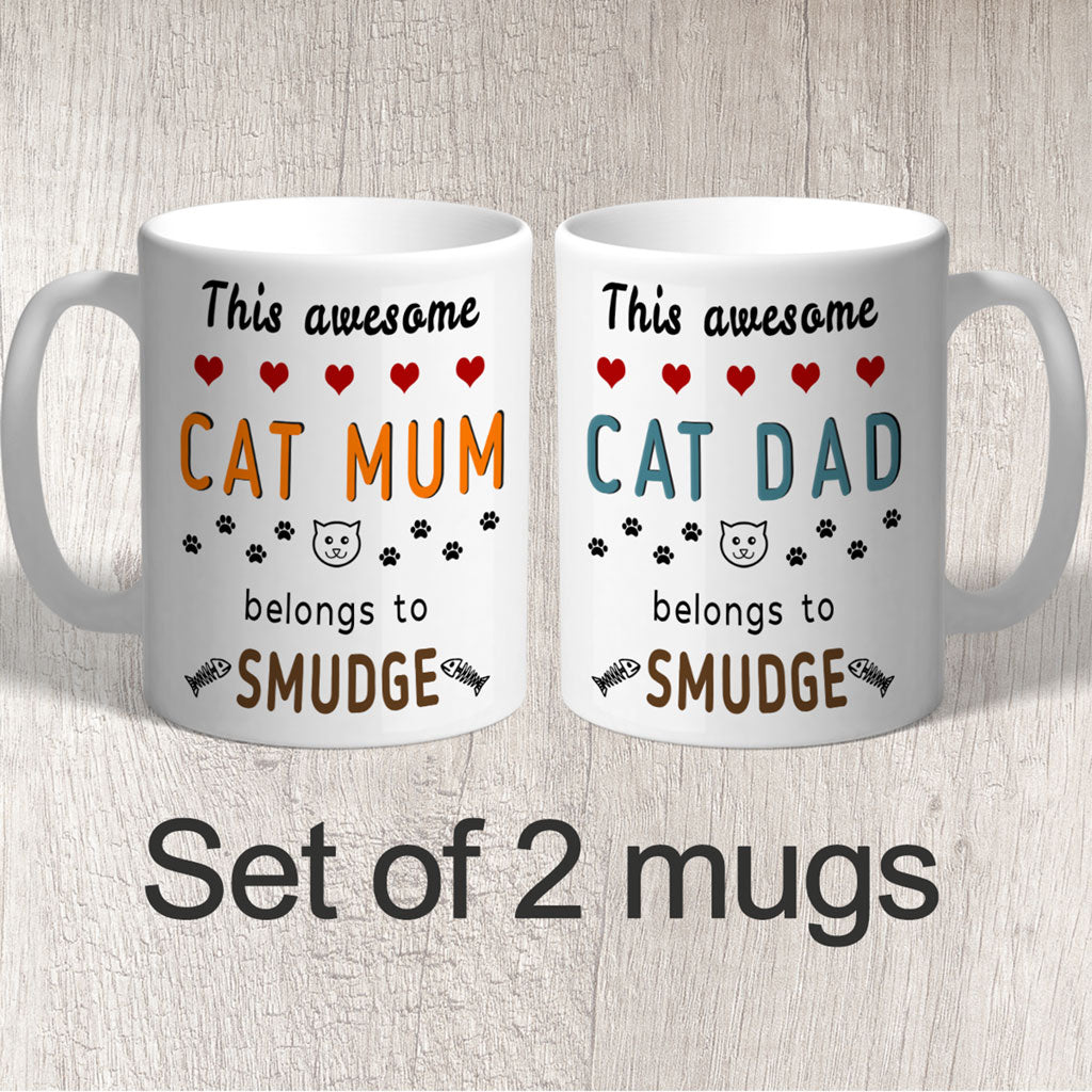 Set of Mugs This Awesome Cat Mum Dad Belongs to (personalised with name/s) FREE P&P