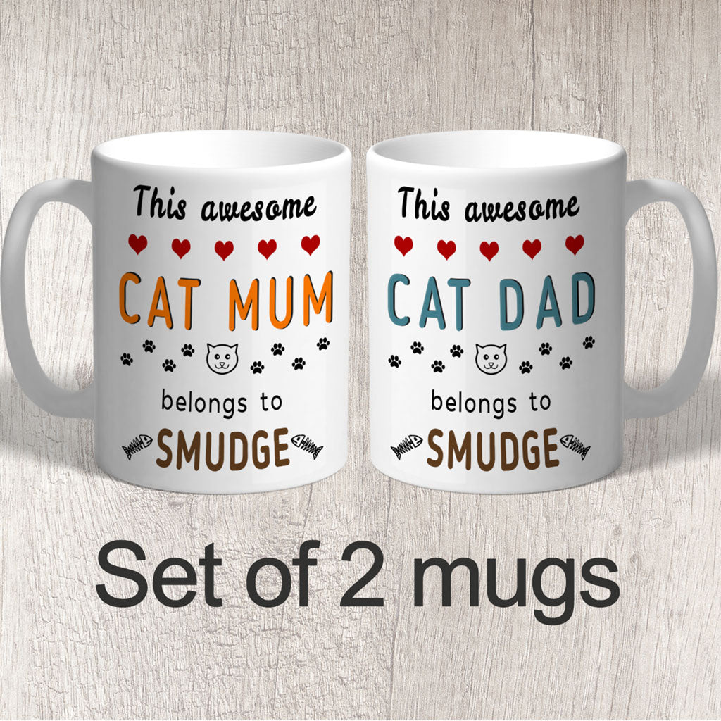 Set of 2 Mugs This Awesome Cat Mum & Dad Belongs to (personalised with name/s) FREE P&P