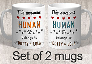 Set of 2 Mugs This Awesome Human Belongs to (dog/s names) FREE P&amp;P