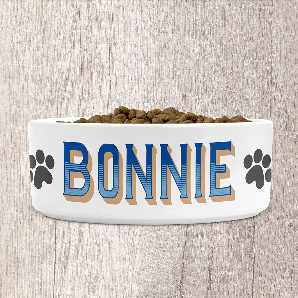 Personalised Small Dog Bowl Ceramic with Dog Name in Blues &amp; Light Brown