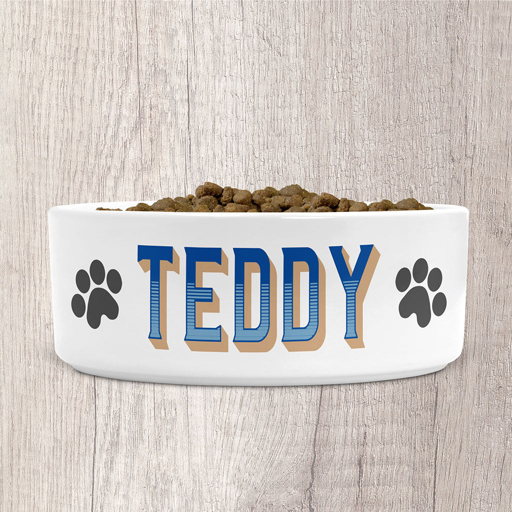 Personalised Small Dog Bowl Ceramic with Dog Name in Blues &amp; Light Brown