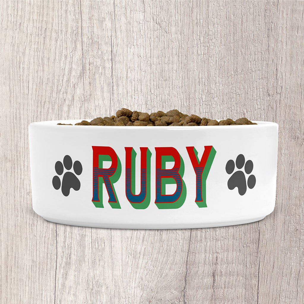 Personalised Small Dog Bowl Ceramic with Dog Name in Bright Red, Green &amp; Blue