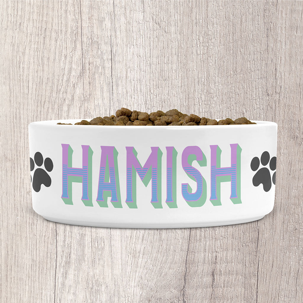 Personalised Small Dog Bowl Ceramic with Dog Name in Pastel Lilacs &amp; Green
