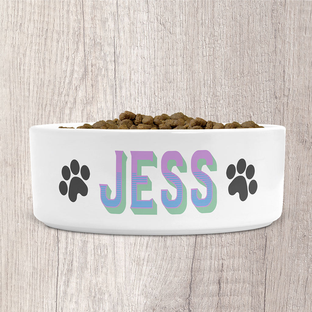 Personalised Small Dog Bowl Ceramic with Dog Name in Pastel Lilacs &amp; Green