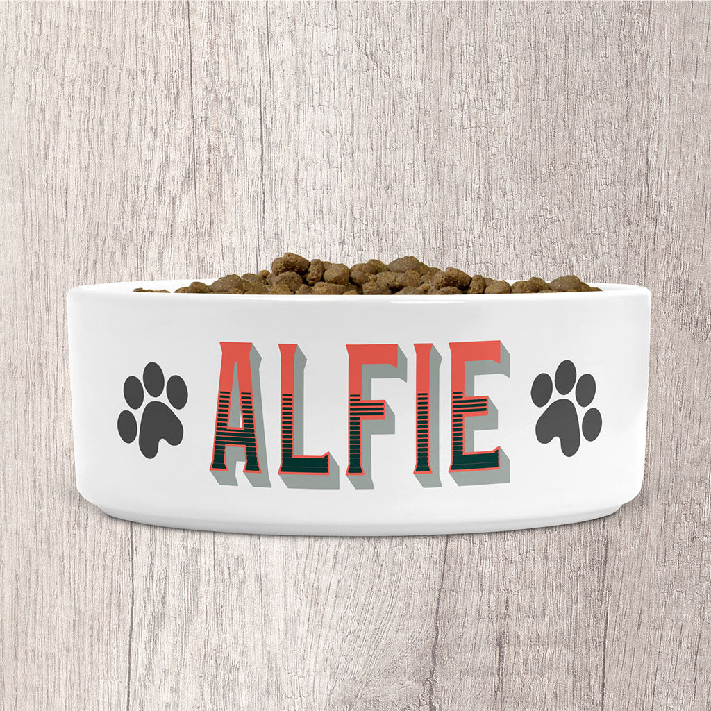 Personalised Small Dog Bowl Ceramic with Dog Name in Peach, Green &amp; Grey