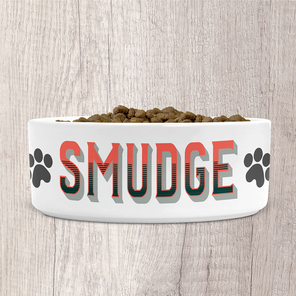 Personalised Small Dog Bowl Ceramic with Dog Name in Peach, Green &amp; Grey