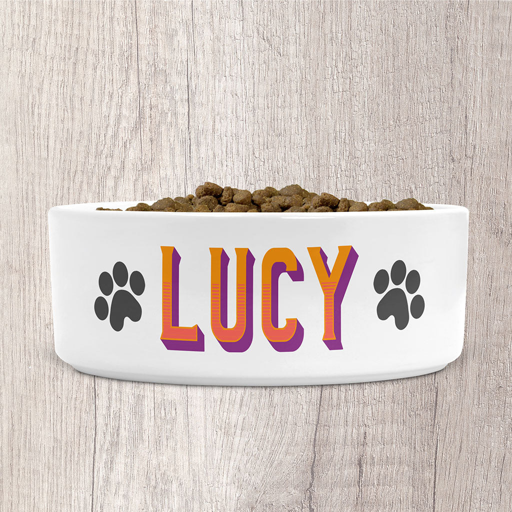 Personalised Small Dog Bowl Ceramic with Dog Name in Sunshine &amp; Purple