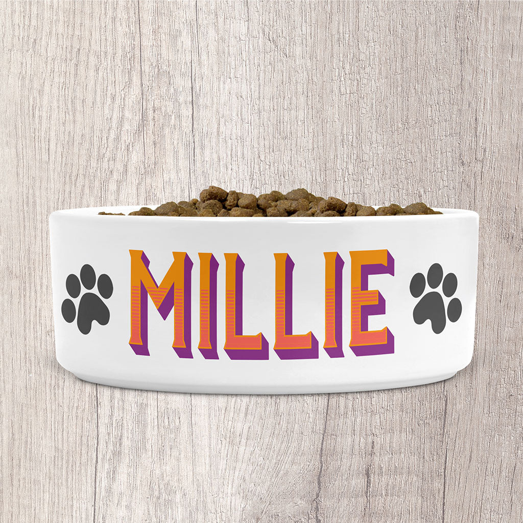 Personalised Small Dog Bowl Ceramic with Dog Name in Sunshine &amp; Purple