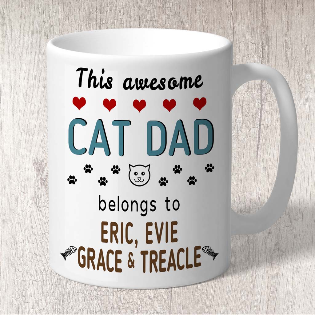 This Awesome Cat Dad Belongs to (3-7 Cat names) Mug